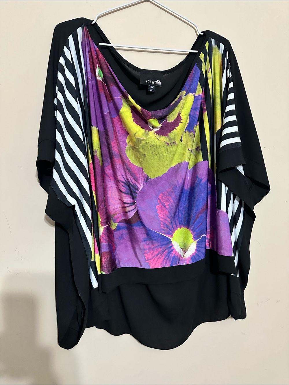 Analili Black Floral Draped Women's Top XS/S